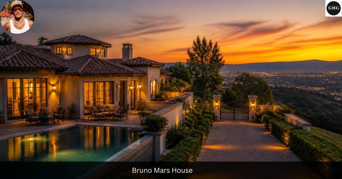 Bruno Mars House exterior view with pool and canyon skyline in Studio City