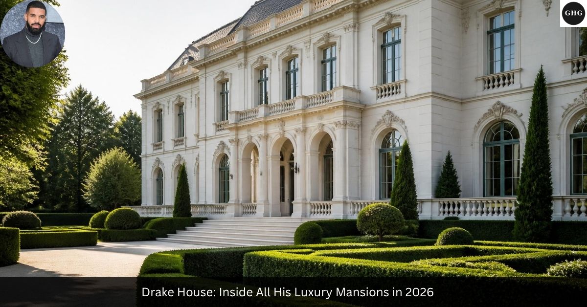 Drake's luxury mansion exterior featuring French-inspired stone architecture, manicured garden hedges, and grand entrance staircase