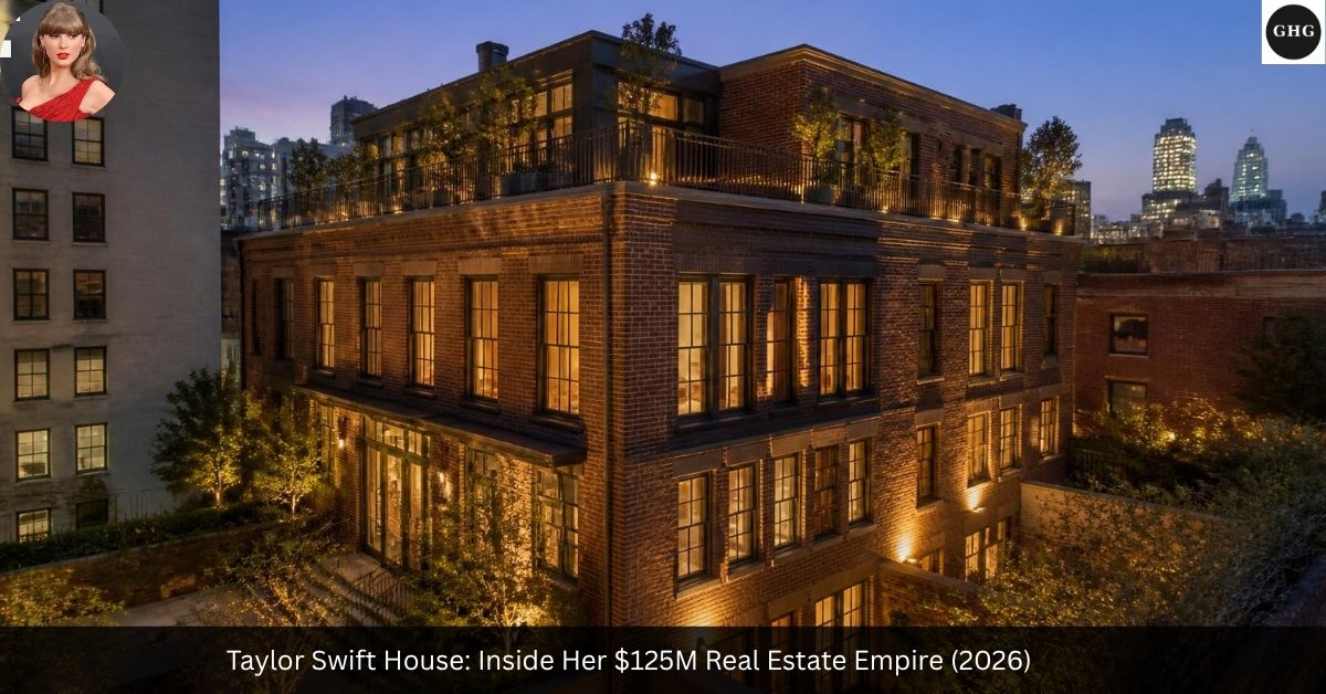 Taylor Swift house — Tribeca brick compound in Manhattan at dusk with rooftop terrace