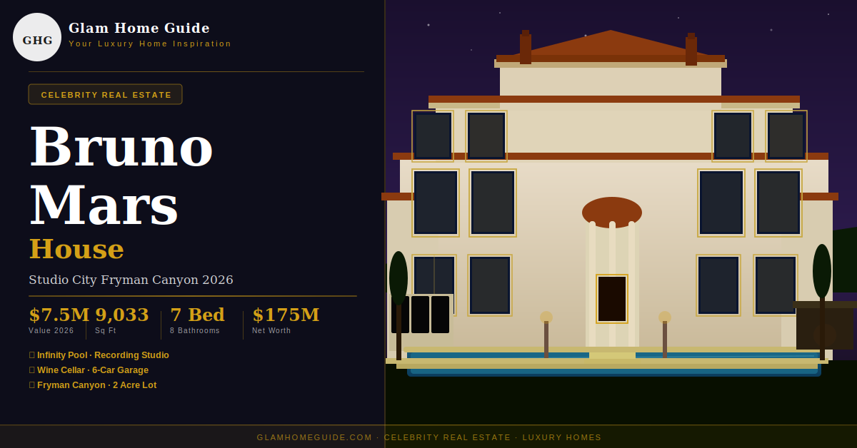 Bruno Mars house Studio City Fryman Canyon Los Angeles Mediterranean mansion night infinity pool 2026