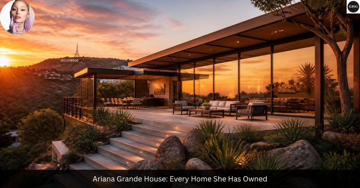 Ariana Grande home exterior with modern glass architecture and Hollywood sign view at sunset