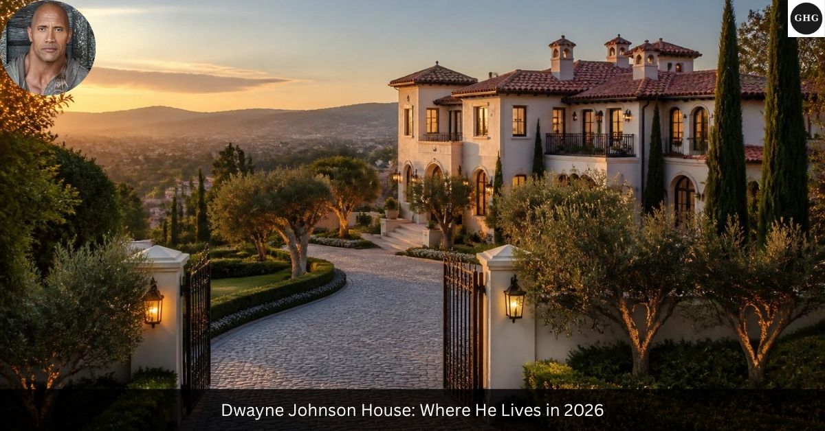 Dwayne Johnson House Beverly Hills mansion exterior showing Mediterranean-style estate with gated entrance and hillside sunset view