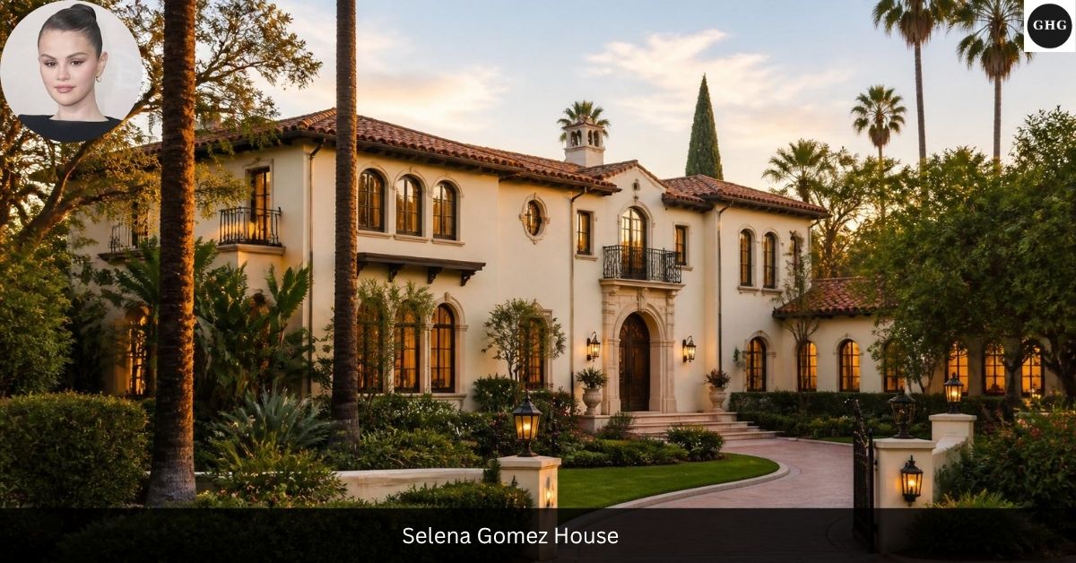 Selena Gomez house exterior — Mediterranean-style mansion with terracotta roof, arched windows, and palm tree landscaping
