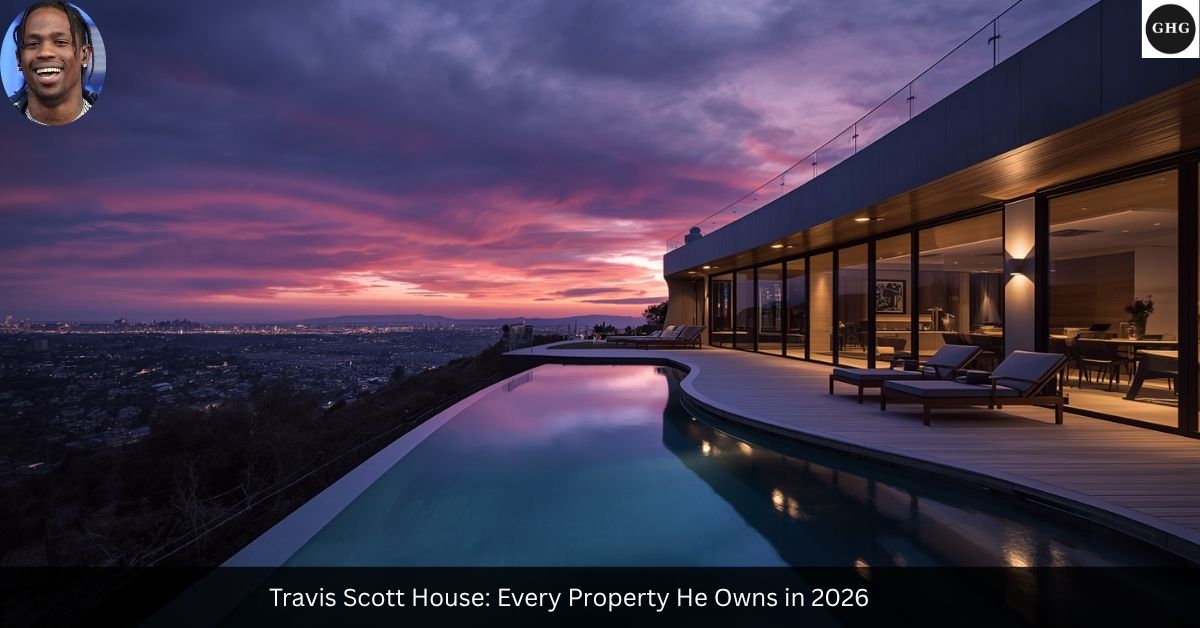Travis Scott house — Brentwood, Los Angeles mansion with infinity pool and city skyline view at dusk