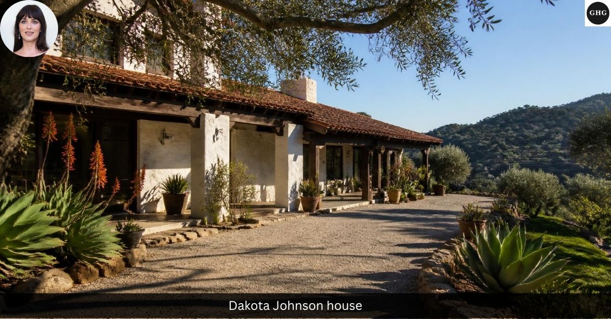 Dakota Johnson house exterior — her Mediterranean-style Hollywood Hills home in the Outpost Estates neighborhood