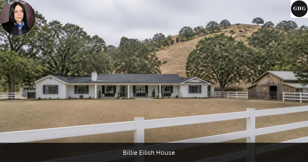 Ranch-style house with horse paddock and wooden fence, illustration for the Billie Eilish house guide