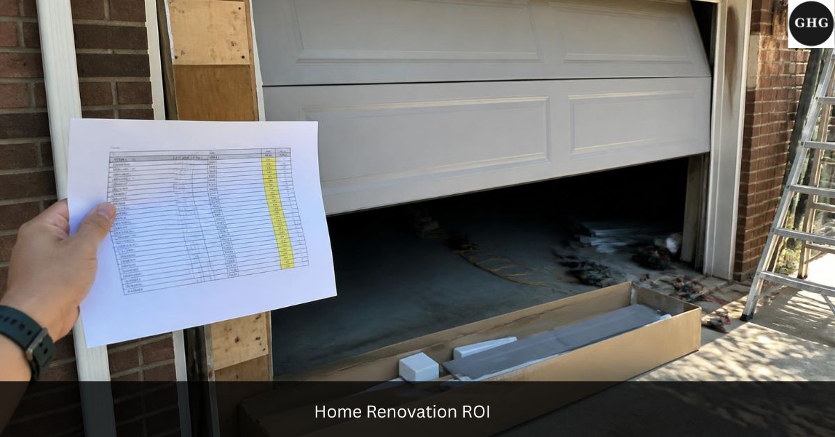 Home renovation ROI example: hand holding a cost printout beside a half-installed garage doo