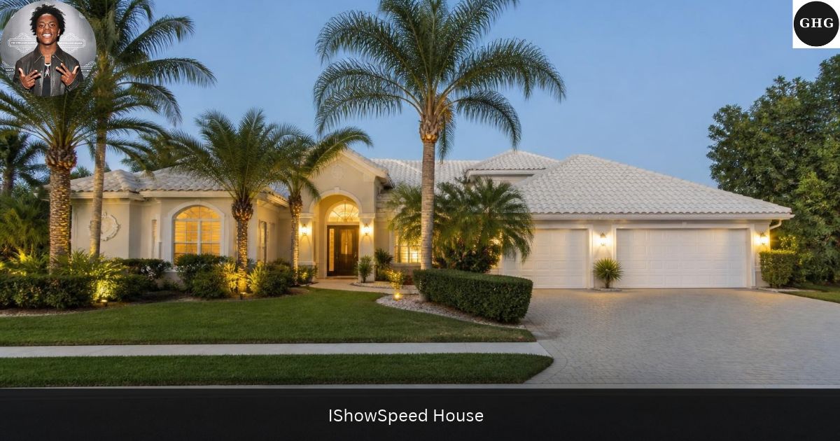IShowSpeed house — single-story South Florida stucco home with palm trees at dusk
