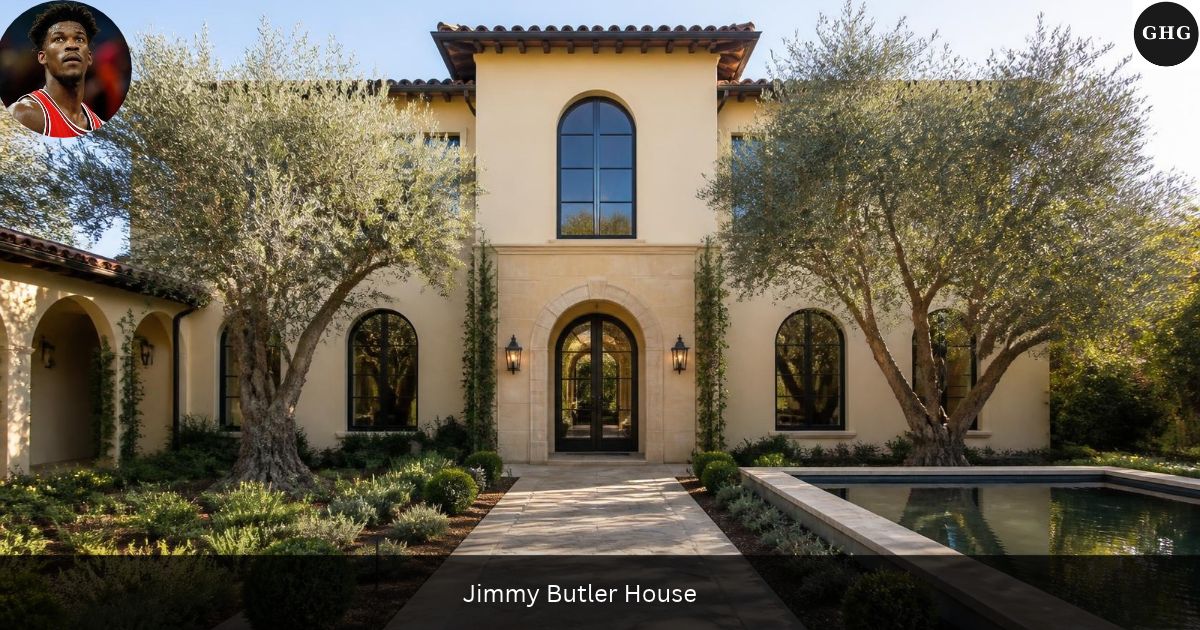 Jimmy Butler house: illustrative Spanish-style estate with limestone entrance, olive trees and reflecting pool