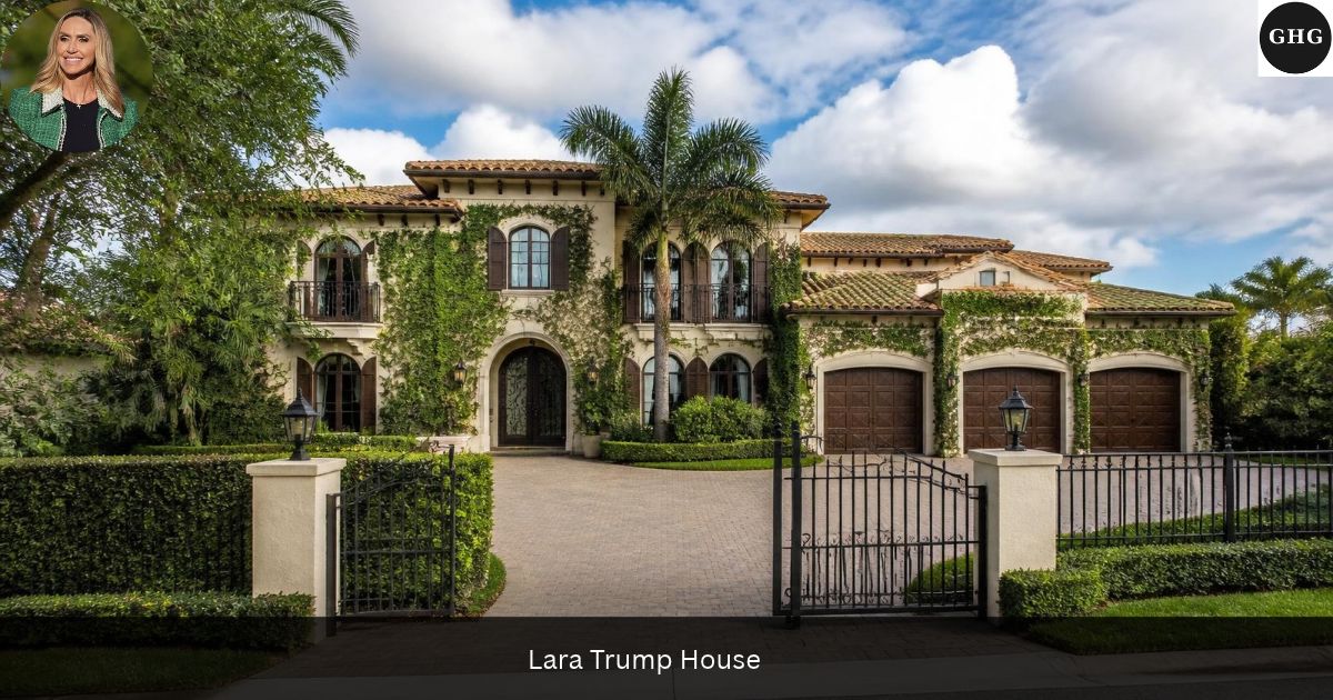 Lara Trump house — a two-story Mediterranean-style mansion with ivy walls and a wrought-iron gate on a Florida street