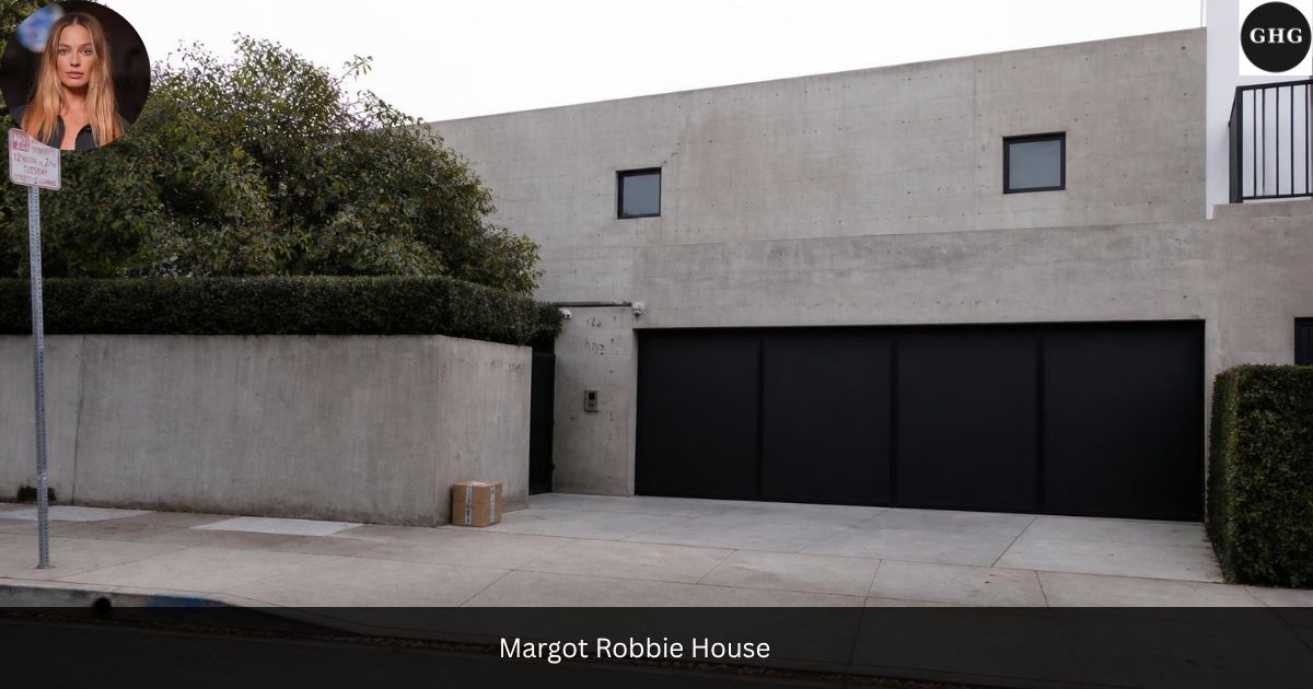 Margot Robbie house exterior, concrete compound behind a hedge in Venice Beach, Los Angeles