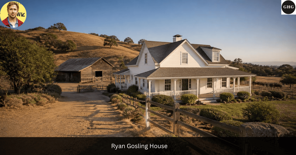 Ryan Gosling house — his Santa Barbara-area farmhouse exterior at golden hour