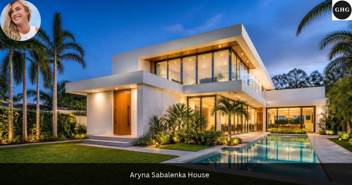 Where does Aryna Sabalenka live? Aryna Sabalenka house illustration showing a modern white two-story Miami home with a pool
