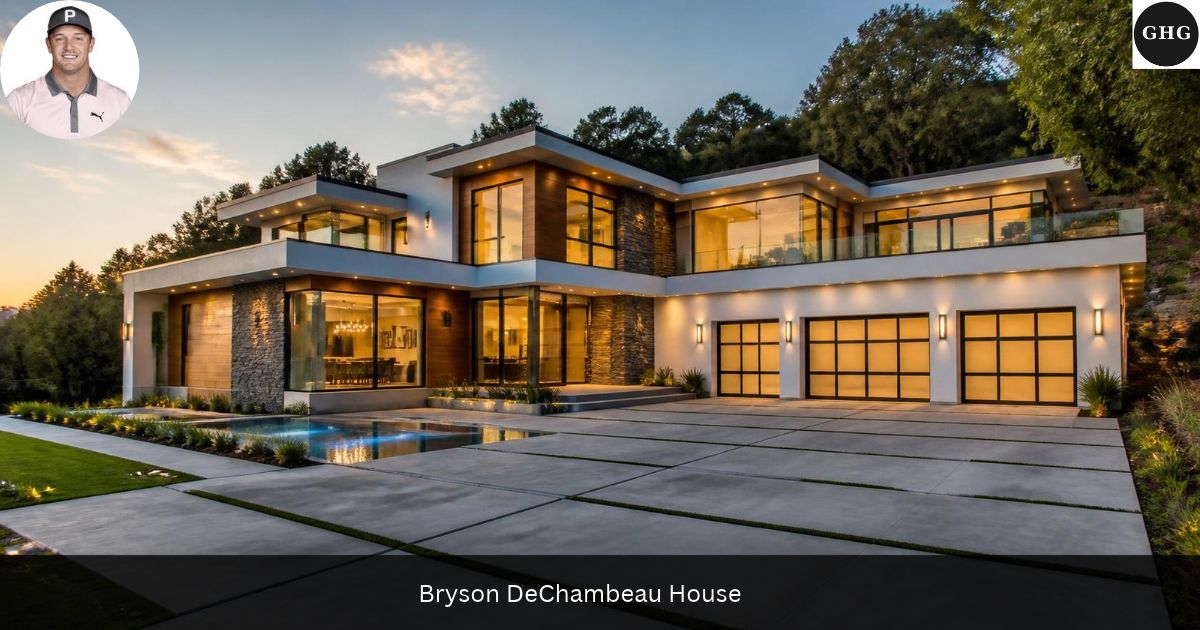 Bryson DeChambeau house — modern two-story flat-roof home with stone columns and glass walls glowing at golden hour on a wooded Texas hillside