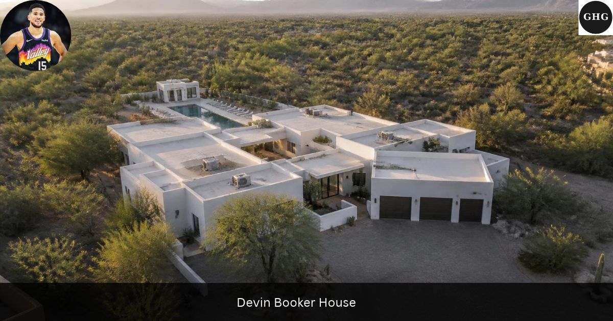 Devin Booker house: aerial view of a modern single-story Arizona desert home illustrating the type of property in Paradise Valley