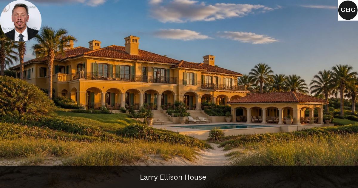 Larry Ellison house — Mediterranean-style oceanfront estate with terracotta roofs, a pool and palms beside the Atlantic at golden hour