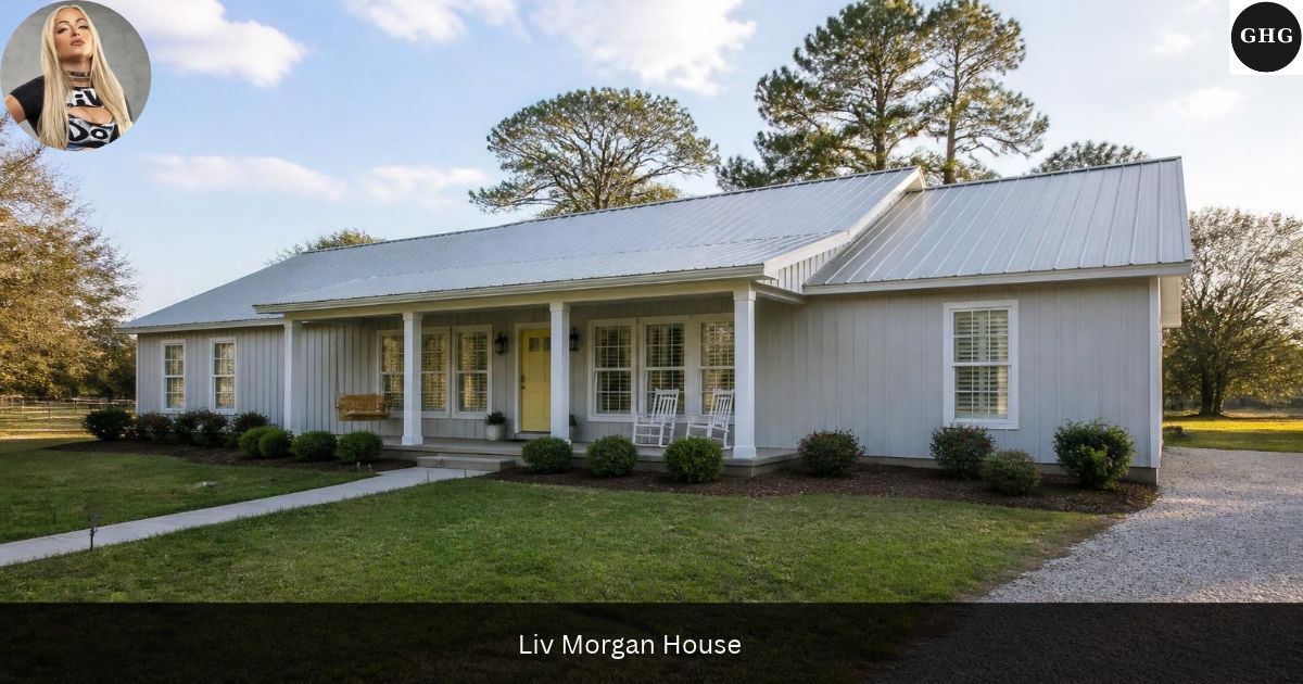 Liv Morgan house — gray-blue farmhouse with a metal roof, covered front porch, yellow door and porch swing on a Florida lawn in late afternoon light