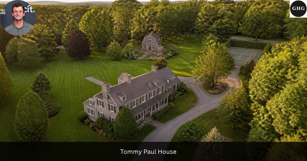 Aerial view of the Tommy Paul house, a 1940s country estate on five acres in Greenfield Hill, Fairfield, Connecticut