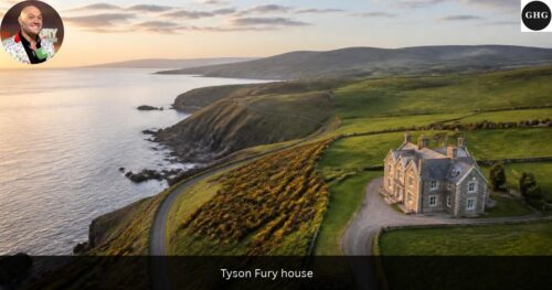 Tyson Fury house: where does Tyson Fury live? Aerial view of an Isle of Man coastline with a stone country house, illustrative image